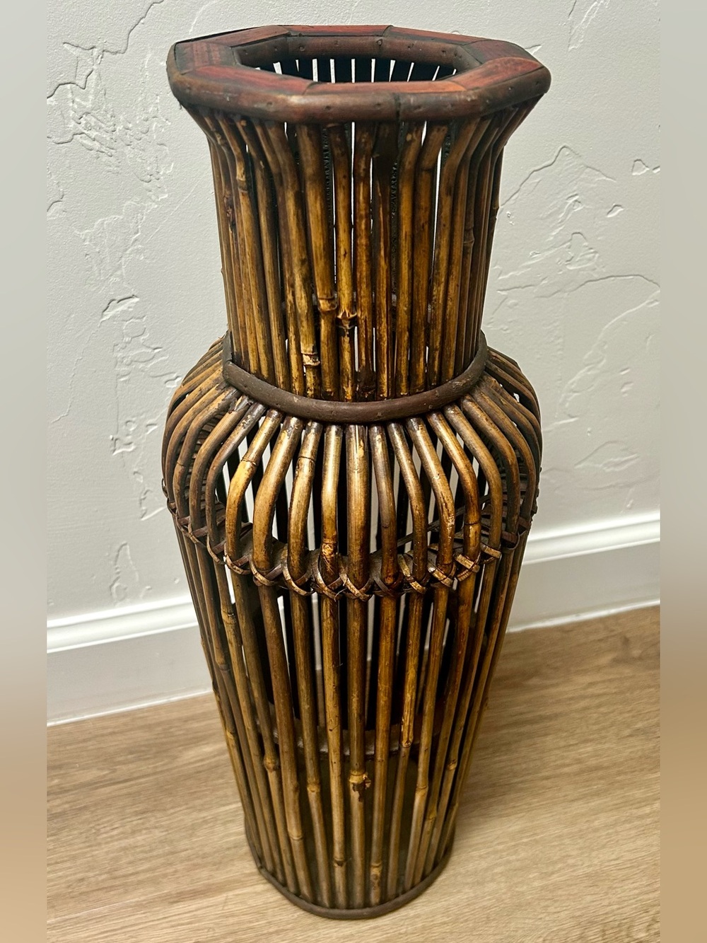 Vintage Boho Bamboo Rattan Reed Floor Vase Basket Wood Octagonal Rim Large 18”
